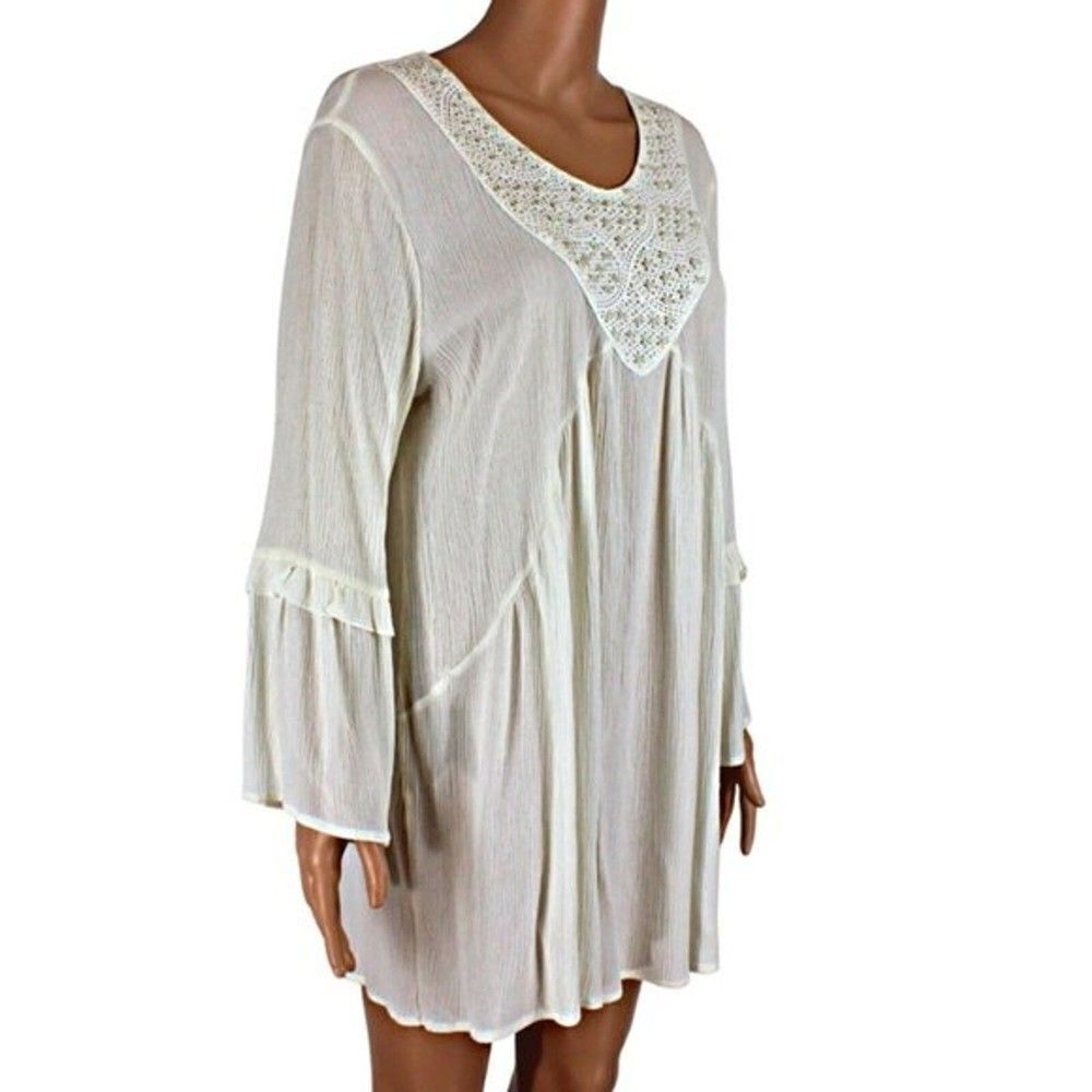 Crinkle Peasant Top Cottagecore Ruffled Bell Sleeves Pearl Bodice Beige Size LG
